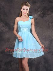 Chiffon Sleeveless Mini Length Dama Dress for Quinceanera and Ruffles and Sequins and Ruching and Bowknot and Hand Made Flower