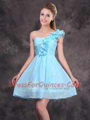 Chiffon Sleeveless Mini Length Dama Dress for Quinceanera and Ruffles and Sequins and Ruching and Bowknot and Hand Made Flower