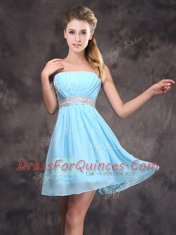Chiffon Sleeveless Mini Length Dama Dress for Quinceanera and Ruffles and Sequins and Ruching and Bowknot and Hand Made Flower