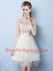 Champagne A-line Tulle Scoop Sleeveless Sequins and Bowknot Asymmetrical Lace Up Court Dresses for Sweet 16