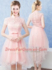 Custom Design Short Sleeves Tulle High Low Zipper Dama Dress for Quinceanera in Baby Pink with Lace and Belt