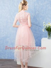 Custom Design Short Sleeves Tulle High Low Zipper Dama Dress for Quinceanera in Baby Pink with Lace and Belt