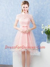 Custom Design Short Sleeves Tulle High Low Zipper Dama Dress for Quinceanera in Baby Pink with Lace and Belt