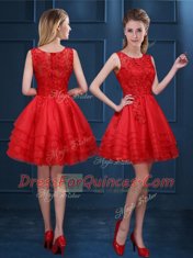 Custom Design Scoop Sleeveless Organza Mini Length Zipper Quinceanera Court Dresses in Red with Lace and Ruffled Layers