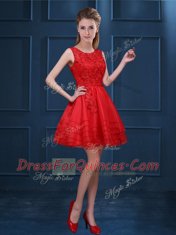 Custom Design Scoop Sleeveless Organza Mini Length Zipper Quinceanera Court Dresses in Red with Lace and Ruffled Layers