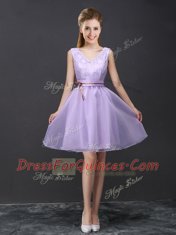 Designer Organza V-neck Sleeveless Lace Up Lace and Appliques and Belt Damas Dress in Lavender