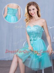 Custom Made Aqua Blue Tulle Lace Up Sweetheart Sleeveless Knee Length Quinceanera Dama Dress Lace and Appliques and Bowknot