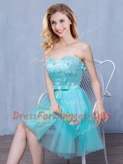 Custom Made Aqua Blue Tulle Lace Up Sweetheart Sleeveless Knee Length Quinceanera Dama Dress Lace and Appliques and Bowknot