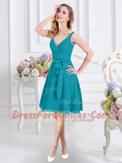 Cheap Teal Sleeveless Knee Length Ruching and Belt Zipper Quinceanera Court of Honor Dress