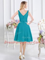 Cheap Teal Sleeveless Knee Length Ruching and Belt Zipper Quinceanera Court of Honor Dress