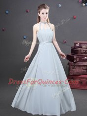 Wonderful Halter Top Sleeveless Damas Dress Floor Length Ruching Grey Chiffon