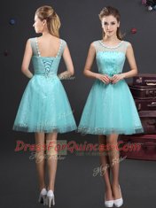 Dramatic Scoop Aqua Blue Tulle Lace Up Quinceanera Court of Honor Dress Sleeveless Mini Length Beading and Lace and Appliques and Belt