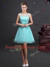 Dramatic Scoop Aqua Blue Tulle Lace Up Quinceanera Court of Honor Dress Sleeveless Mini Length Beading and Lace and Appliques and Belt