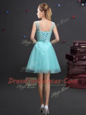 Dramatic Scoop Aqua Blue Tulle Lace Up Quinceanera Court of Honor Dress Sleeveless Mini Length Beading and Lace and Appliques and Belt