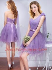 Smart One Shoulder Sleeveless Lace Up Mini Length Ruffles and Ruching and Belt and Hand Made Flower Dama Dress