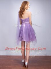 Smart One Shoulder Sleeveless Lace Up Mini Length Ruffles and Ruching and Belt and Hand Made Flower Dama Dress