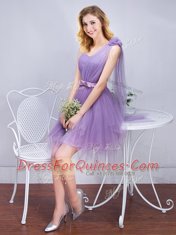 Smart One Shoulder Sleeveless Lace Up Mini Length Ruffles and Ruching and Belt and Hand Made Flower Dama Dress