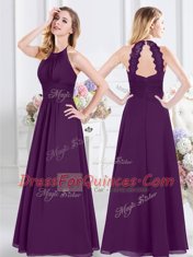 Trendy Chiffon Halter Top Sleeveless Zipper Ruching Dama Dress in Purple