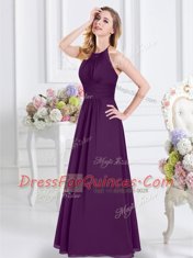 Trendy Chiffon Halter Top Sleeveless Zipper Ruching Dama Dress in Purple
