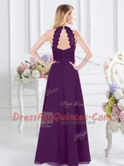 Trendy Chiffon Halter Top Sleeveless Zipper Ruching Dama Dress in Purple