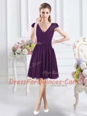 Top Selling Cap Sleeves Knee Length Zipper Vestidos de Damas Purple for Prom and Party with Ruching