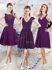 Top Selling Cap Sleeves Knee Length Zipper Vestidos de Damas Purple for Prom and Party with Ruching