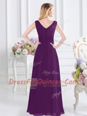 Purple Column/Sheath Ruching Vestidos de Damas Zipper Chiffon Sleeveless Floor Length