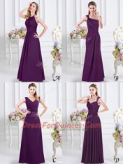Purple Column/Sheath Ruching Vestidos de Damas Zipper Chiffon Sleeveless Floor Length