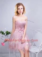 Mini Length Lace Up Damas Dress Pink for Prom and Party and Wedding Party with Ruching and Bowknot