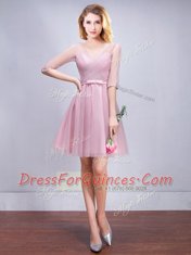 Luxury A-line Quinceanera Court of Honor Dress Pink V-neck Tulle Half Sleeves Mini Length Lace Up