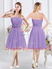 Discount Chiffon Sleeveless Knee Length Quinceanera Dama Dress and Ruching and Hand Made Flower