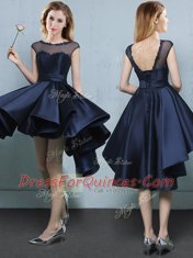 Latest Navy Blue Satin Lace Up Court Dresses for Sweet 16 Cap Sleeves High Low Appliques