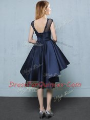 Latest Navy Blue Satin Lace Up Court Dresses for Sweet 16 Cap Sleeves High Low Appliques