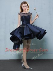 Latest Navy Blue Satin Lace Up Court Dresses for Sweet 16 Cap Sleeves High Low Appliques