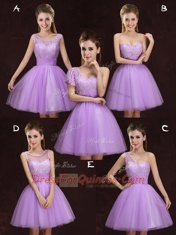 Sophisticated Scoop Lilac A-line Lace and Ruching Quinceanera Dama Dress Lace Up Tulle Sleeveless Mini Length