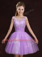 Sophisticated Scoop Lilac A-line Lace and Ruching Quinceanera Dama Dress Lace Up Tulle Sleeveless Mini Length