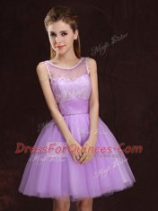 Sophisticated Scoop Lilac A-line Lace and Ruching Quinceanera Dama Dress Lace Up Tulle Sleeveless Mini Length