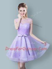 Elegant Scoop Ruching and Bowknot Dama Dress Lavender Zipper Sleeveless Knee Length