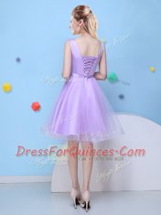 Scoop Bowknot Dama Dress Lavender Lace Up Sleeveless Knee Length