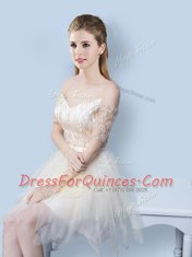 Lovely Off The Shoulder Short Sleeves Quinceanera Court Dresses Asymmetrical Sequins and Bowknot Champagne Tulle