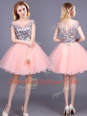 Simple Sequins Mini Length Pink Quinceanera Court Dresses Off The Shoulder Short Sleeves Zipper