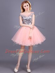 Simple Sequins Mini Length Pink Quinceanera Court Dresses Off The Shoulder Short Sleeves Zipper