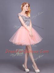 Simple Sequins Mini Length Pink Quinceanera Court Dresses Off The Shoulder Short Sleeves Zipper