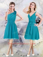 One Shoulder Knee Length Teal Quinceanera Court of Honor Dress Chiffon Sleeveless Ruffles and Ruching and Belt