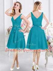 One Shoulder Knee Length Teal Quinceanera Court of Honor Dress Chiffon Sleeveless Ruffles and Ruching and Belt