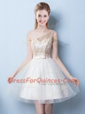 High Class Champagne Court Dresses for Sweet 16 Prom and Party and Wedding Party and For with Sequins and Bowknot One Shoulder Sleeveless Lace Up
