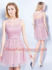 Clearance Pink Neckline Appliques and Belt Court Dresses for Sweet 16 Sleeveless Lace Up