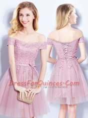 Clearance Pink Neckline Appliques and Belt Court Dresses for Sweet 16 Sleeveless Lace Up