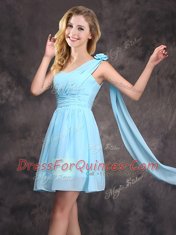 Unique One Shoulder Baby Blue Empire Ruching and Hand Made Flower Court Dresses for Sweet 16 Zipper Chiffon Sleeveless Mini Length