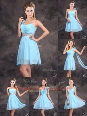 Unique One Shoulder Baby Blue Empire Ruching and Hand Made Flower Court Dresses for Sweet 16 Zipper Chiffon Sleeveless Mini Length